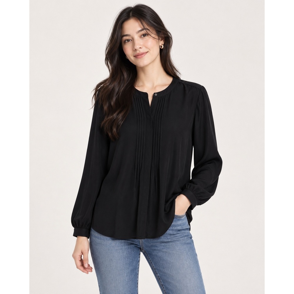 Banana Republic Womens Black 100% Silk Pintuck Blouse Long Sleeve Top Large NWT